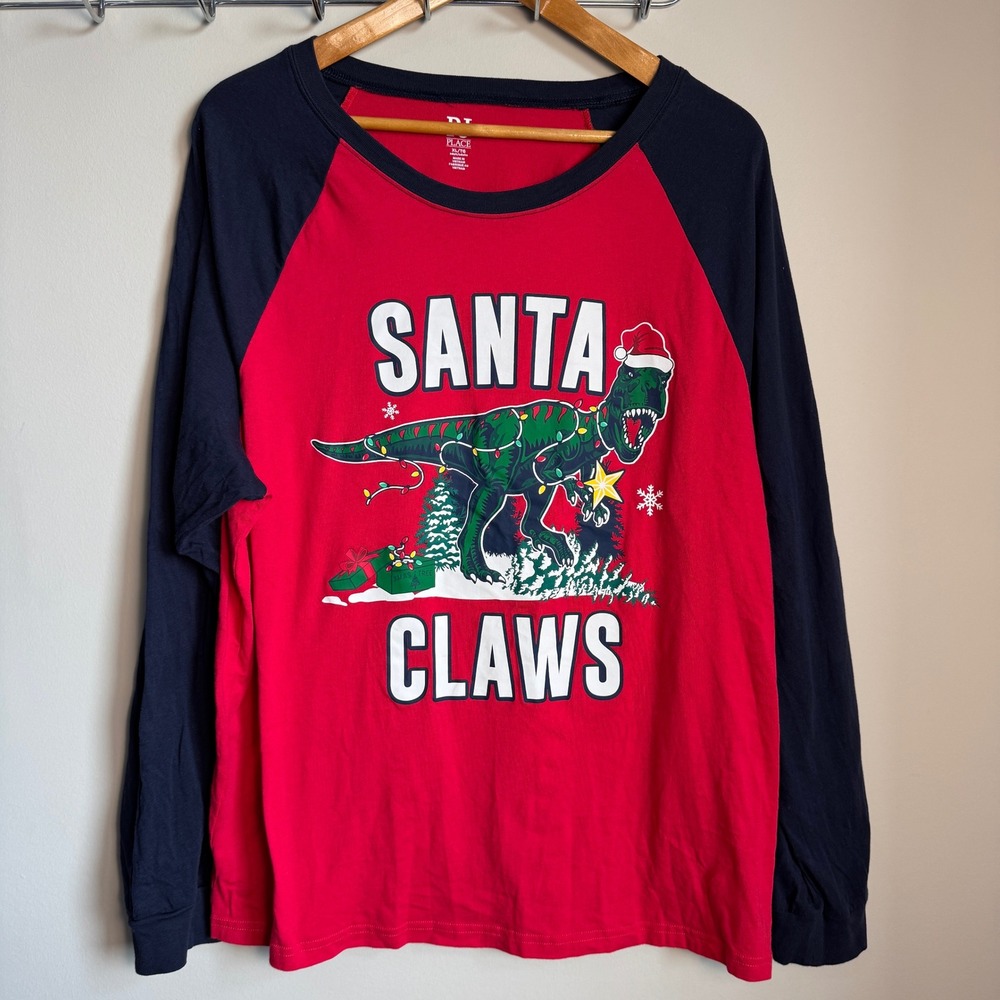 PJ Place Mens Long Sleeve Santa Claws Dinosaur Christmas Sleep Shirt Red Size XL
